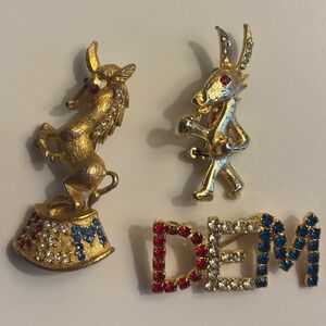 Lot of 3 Vintage Gold Tone and Rhinestone Democrat Pins